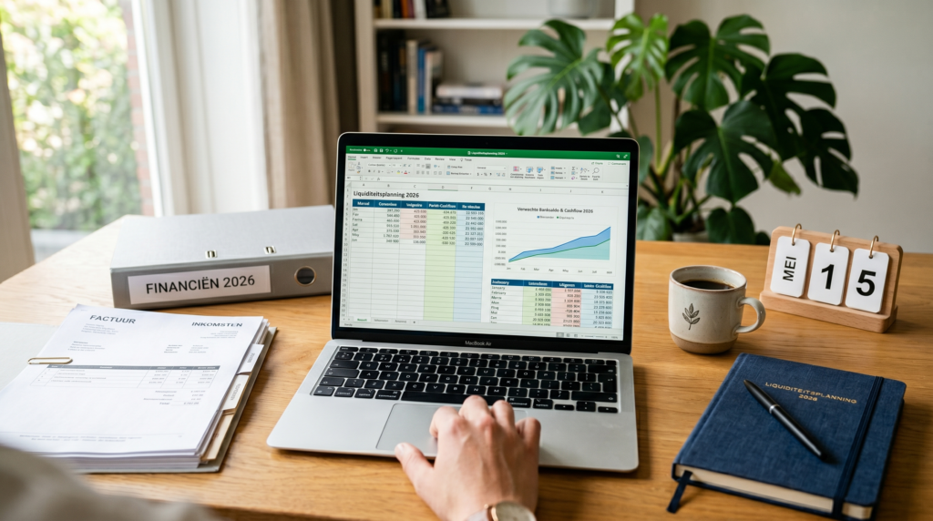 Excel-dashboard met cashflow-overzicht, verwachte banksaldo en maandelijkse inkomsten en uitgaven