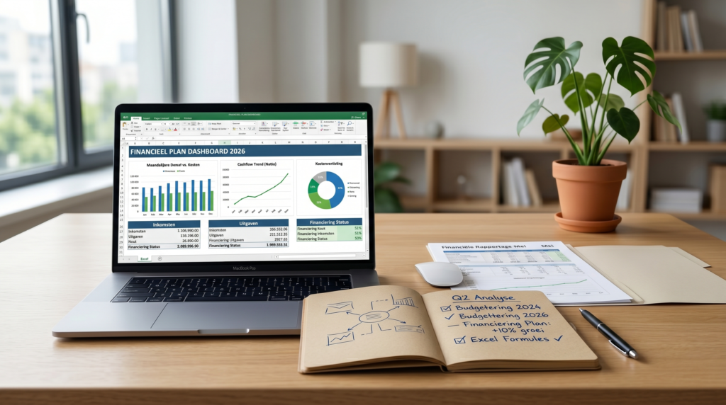 Laptop met Excel-dashboard voor financieel plan met omzet, kosten en cashflow